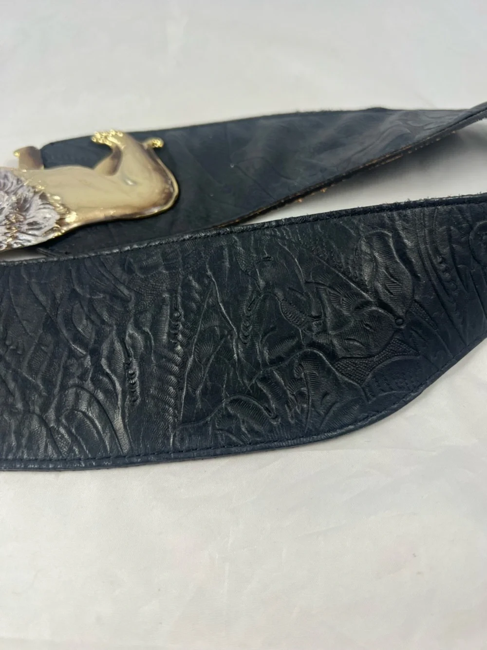 Vintage Gold Tone Double Lion Buckle Wide Black Leather Waist Belt